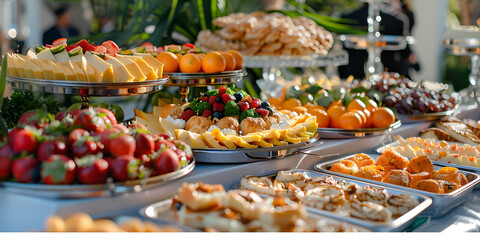 Catering buffet food indoor in luxury restaurant with meat and vegetables.
