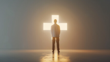An adult male silhouette stands contemplatively in front of a brightly glowing cross in a minimalistic room, suggesting reflection and spirituality - obrazy, fototapety, plakaty