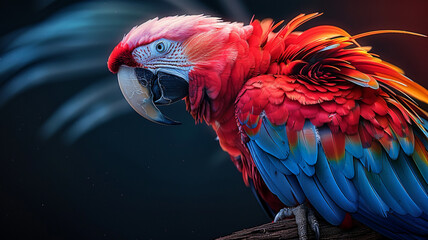 Vibrant macaw perched on branch feathers multi colored, AI Generative.