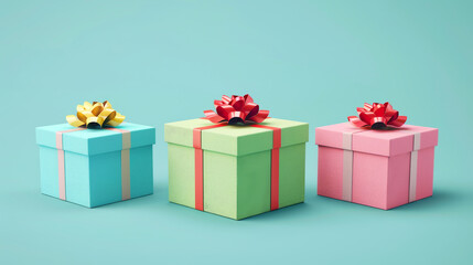 Fototapeta premium Vibrant Gift Boxes with Colorful Ribbons on a Pastel Blue Background