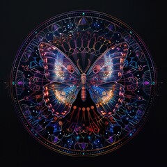 Butterfly Mandala - Colourful Spiritual Symbol of Nature and Insect. Detailed Illustration on Black