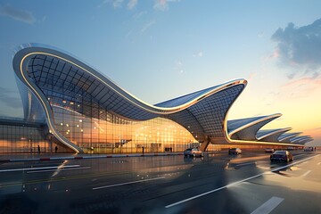 Striking Futuristic Airport Terminal with Fluid Architectural Design and Vibrant Sunset Backdrop