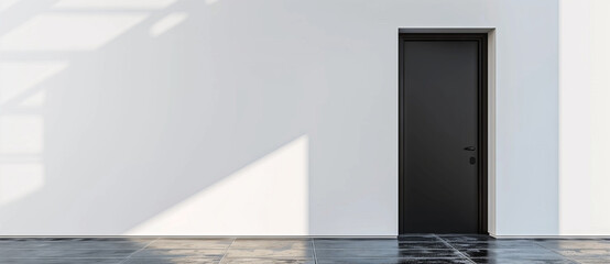Stark contrast of a sleek black door against a bright white wall, enhanced by dramatic natural lighting. The minimalistic design is complemented by a textured dark floor