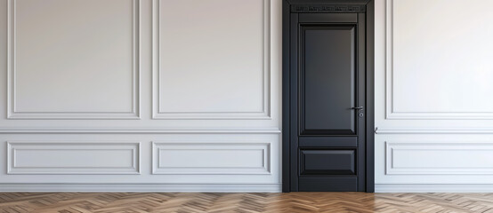 Classic interior design featuring a black door set in a white wall with detailed paneling, complemented by a herringbone wood floor