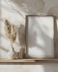 Minimalist Shelf Decor with Natural Shadows. Artistic display on a wooden shelf featuring a white vase with pampas grass and a wooden frame, under soft natural shadows.