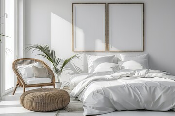 Two blank white frames hang above the bed