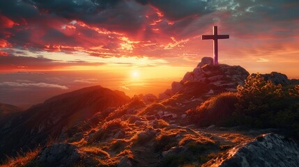 Cross on top of a mountain at sunset.