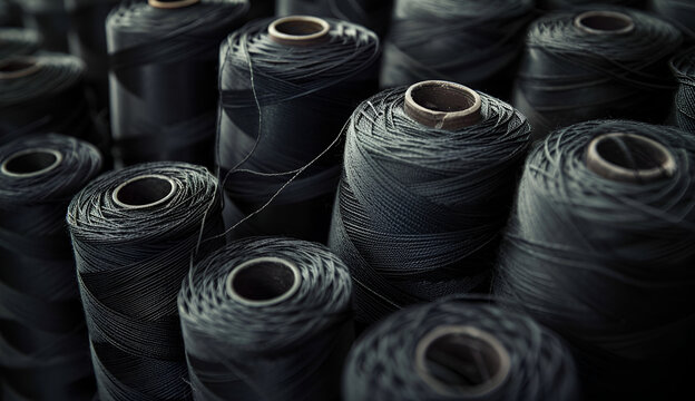 Black color spools of thread for the textile industry.	