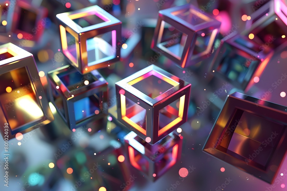 Poster interlocking metallic cubes in vibrant light and shadow display