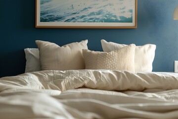 Cozy Bedroom with Ocean Inspired Wall Art and Soft Bedding Decor