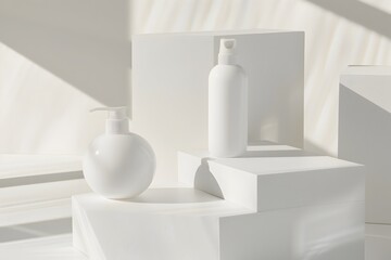Minimalist Shampoo Bottles on Geometric Display description This image depicts a simple yet elegant