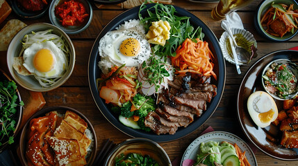 Traditional Korean meal featuring bibimbap in a stone bowl, accompanied by various side dishes.
