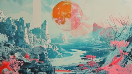 Fantasy landscape with red sun on the background of mountains and clouds