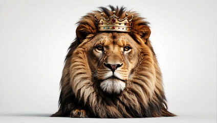 A lion wearing a gold crown is sitting down, looking at the camera with a serious expression. The background is white.

