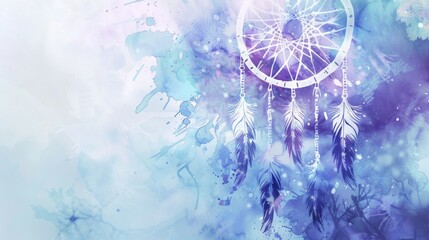 Dreamcatcher with feathers on abstract watercolor background.
