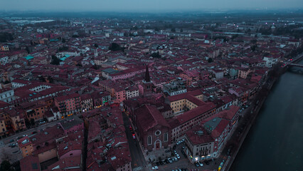 Aerial view Church of Saint Thomas Becket, Verona, Veneto region, Italia. Red tiled roofs....
