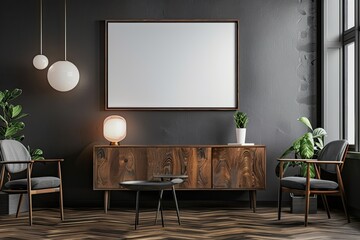 A single blank frame hangs above a sleek sideboard