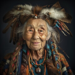 A senior woman with a warm smile wearing a traditional Native American headdress adorned with feathers