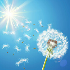 A serene dandelion dispersing its seeds in the warm sunlight on a clear blue sky