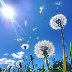 Multiple dandelions against a bright blue sky, seeds taking flight on a sunny day conveying hope