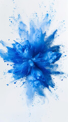 An explosive burst of blue paint splatters against a stark white backdrop, creating a vibrant and dynamic visual effect