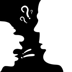 
Silhouettes of men's faces. Black and white image. Poster. Dreams. How are you? Why?