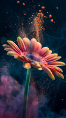 Close-up of an orange Gerbera with a magical swirl of dust, evoking a sense of mystery and enchantment