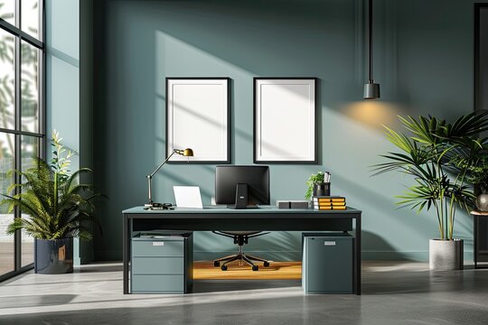 Two blank white frames hang on the wall above the desk