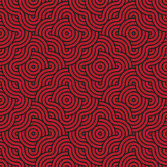 Abstract Black geometric pattern on a red background. Poster. Card. Print. Textile. Seamless abstract background. Vector illustration.