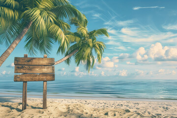 photo of a wonderful beach with palm trees and a big empty wooden sign