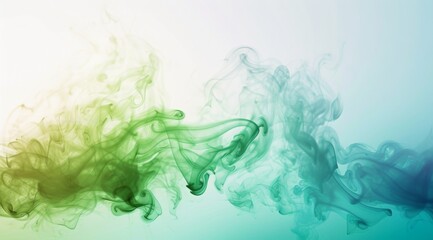 Fototapeta na wymiar Waves of green and blue smoke create an ethereal and fluid form on a white background, suggesting graceful movement