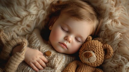 Sleeping baby girl hugged by her toy teddy bear When viewed from above Conveying the essence of innocence and comfort during quiet relaxation time.