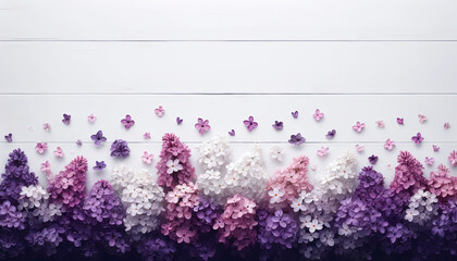 Lilac flowers arranged around white wooden background with copy space. Floral design spring concept