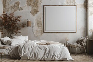 A single oversized blank white frame leans against a textured accent wall
