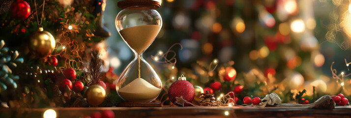 A sparkling hourglass sits amidst festive holiday decorations and lights