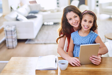 Mother, girl and tablet in portrait at table, online class and remote learning or education in...