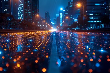 The horizontal night landscape of a city with traffic jams on wet streets reflecting the lights of the buildings and cars.