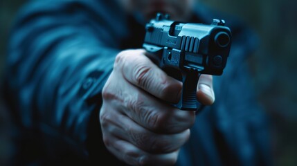 Close-up view of a man's hand holding a black gun with a slightly blurred background, Ai generated Images
