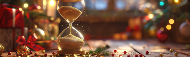 Close-up of a delicate hourglass against a backdrop of twinkling Christmas lights