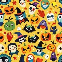 Seamless pattern of Halloween costumes and masks, Generative AI