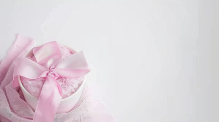 A white box with a pink ribbon on top. The ribbon is tied in a bow