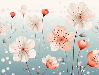 Flat graphic illustration of delicate hanging blooms in soft pastels for serene fabric prints and paper art ,  seamless pattern