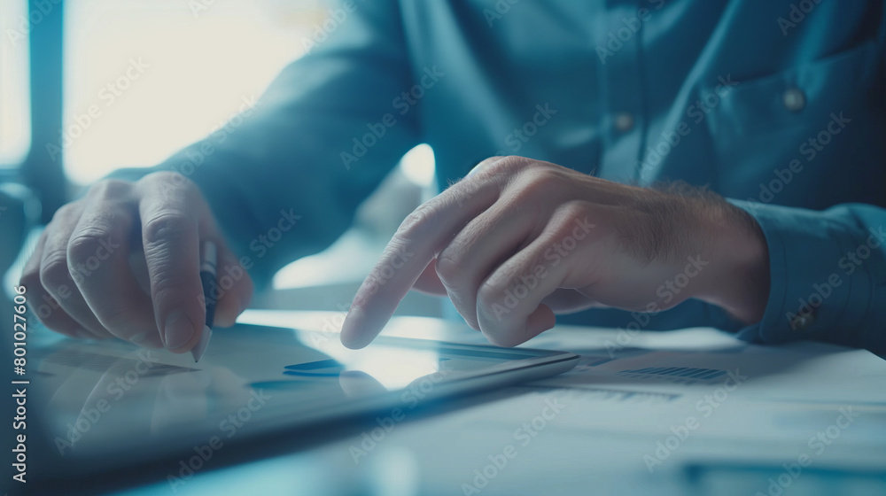 Poster a professional setting with a person using a tablet, highlighting technology and business concepts