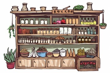 Naklejka premium Cartoon cute doodles of a traditional Chinese medicine shop, with shelves stocked with herbs, roots, and remedies for various ailments, Generative AI