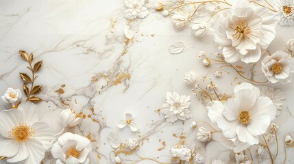 Elegant Display of White and Gold Flowers with Leaves on Pristine White Marble Texture