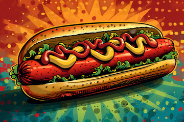 hot dog with mustard and ketchup, pop art style