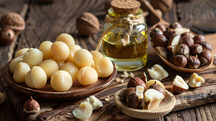 Oil with macadamia nuts on wooden table