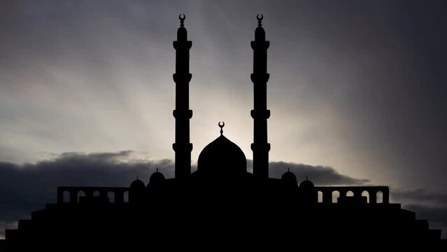 Egypt: The Grand Mosque at Sunrise, Time Lapse with Fast Clouds and Dark Silhouette of  domes and minarets
