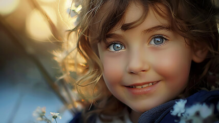 Cute child smiling outdoors looking at camera enjoying nature, AI Generative.