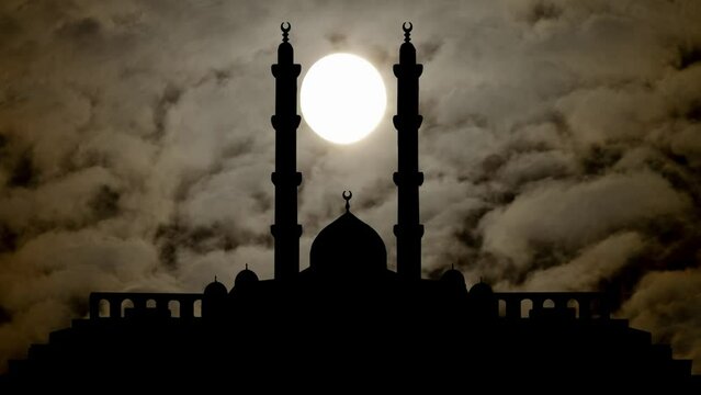 Egypt: Islamic Cultural Center by Night with Dark Atmosphere, Fog, Smoke, Full Moon, and Grand Mosque in Silhouette